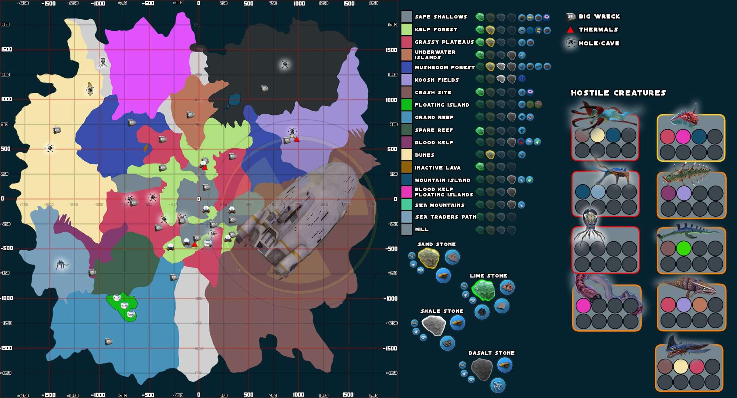 Subnautica Map (Resources and Hostile Creatures)